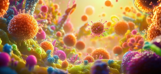 Poster - Colorful microscopic view of viruses and bacteria in a vibrant environment, copy space for text