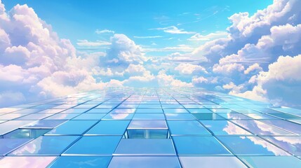 Poster - a high-rise glass building, part of a modern office complex or business center, reflects the clouds 