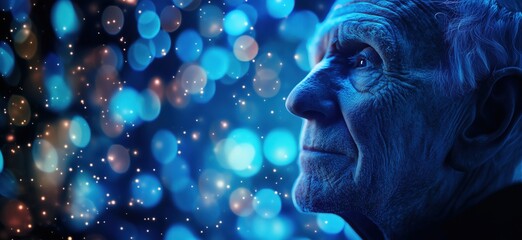 Poster - Elderly man gazing thoughtfully against a backdrop of blue bokeh lights, copy space for text