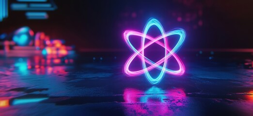 Poster - Neon atom symbol glowing in futuristic digital environment with reflective surface, copy space for text