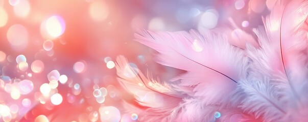 Poster - Soft pink feathers with dreamy bokeh background in pastel colors, copy space for text