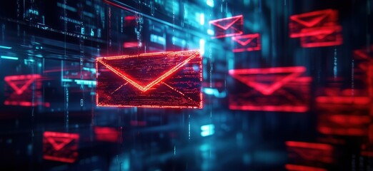 Fototapete - Digital representation of glowing red email icons in a futuristic data environment, copy space for text