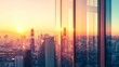 © neiros - The modern office building or business center boasts towering glass windows that reflect the vibrant hues of the clouds and sunset, juxtaposed with the emptiness of the street outside, symbolizing