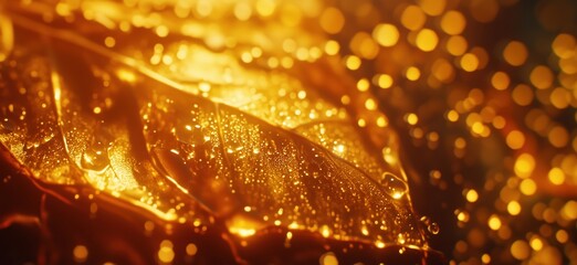 Poster - Golden leaf with water droplets and bokeh background creating a warm, vibrant atmosphere, copy space for text