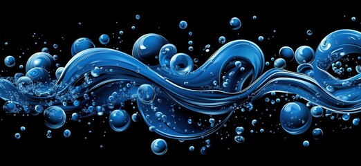 Poster - dynamic blue water waves with bubbles on black background for design and decoration, copy space for 