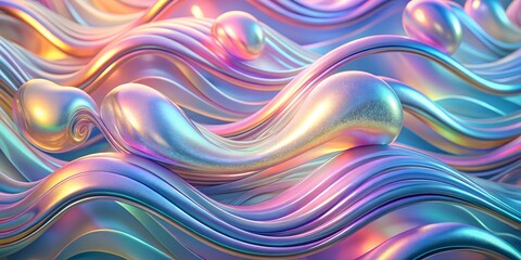 Poster - Vibrant abstract holographic background featuring flowing waves in varying colors background, wallpaper, graphic resource, foil, AI, cover, gradient 3D