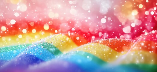 Poster - Colorful rainbow background with sparkling bokeh effects and soft waves, copy space for text