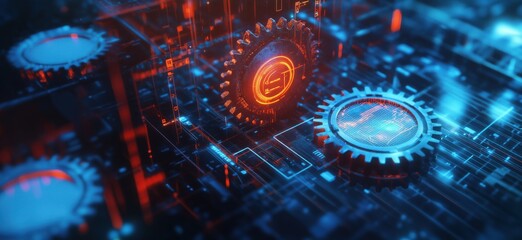 Poster - Futuristic gears and circuits in a digital environment with glowing elements, copy space for text