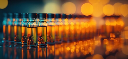 Poster - Vials of amber liquid with blurred bokeh background for pharmaceutical or cosmetic use, copy space for text
