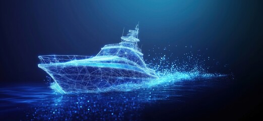 Poster - 3D wireframe yacht sailing through digital water with glowing particles, copy space for text