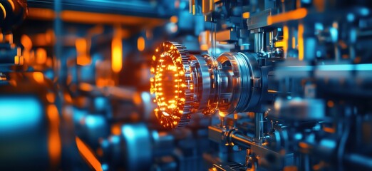 Poster - Futuristic machinery with glowing components in a high-tech environment, copy space for text