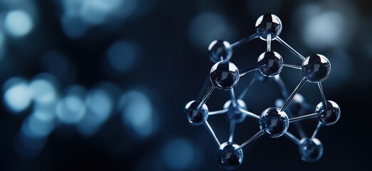 Poster - 3D molecular structure with reflective spheres and blurred blue background, copy space for text