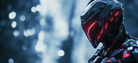 Poster - Futuristic robotic figure with glowing red accents in a cyberpunk setting, copy space for text