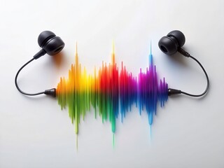 Poster - Colorful Audio Waveform Visualizer Between Earbuds - Abstract Music Stock Photo