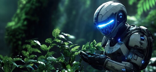 Poster - Futuristic robot exploring lush green forest environment with glowing blue accents, copy space for text