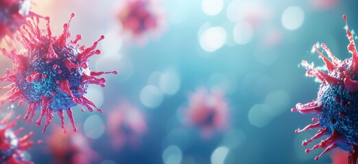 Poster - Microscopic view of virus particles with vibrant colors and blurred background effects, copy space for text