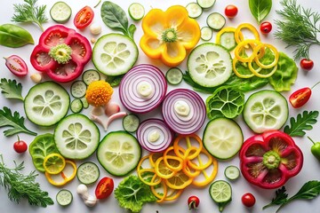 Wall Mural - colorful layered paper cut vegetables: flat lay cucumber & veggie art for print