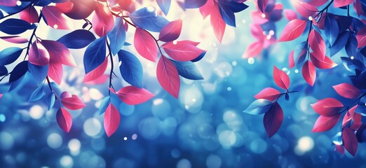 Poster - Colorful leaves with vibrant pink and blue hues against a dreamy bokeh background, copy space for text