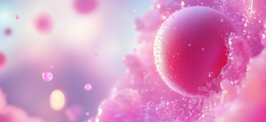 Poster - Abstract pink sphere surrounded by bubbles and soft textures in dreamy background, copy space for text