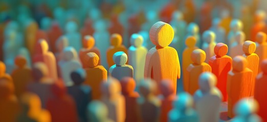 Poster - Diverse Crowd of Colorful Wooden Figures Representing Community and Unity, copy space for text
