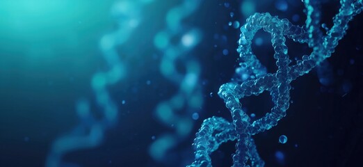 Poster - 3D representation of DNA helix structure with blue glowing background and bubbles, copy space for text