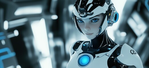 Poster - Futuristic humanoid robot with blue accents and striking features in a high-tech environment, copy space for text