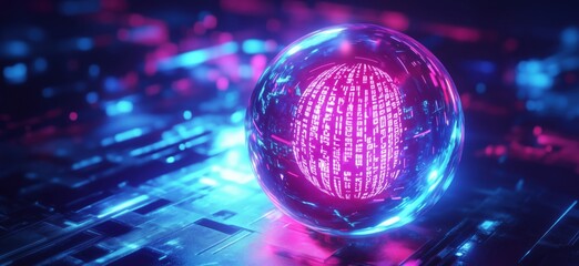 Poster - Glowing digital sphere with binary code and vibrant neon lights in futuristic setting, copy space for text
