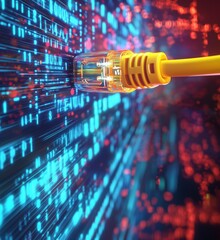 Poster - Network cable connecting to digital data stream with vibrant binary code background