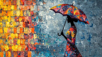 Poster - Abstract urban scene woman silhouette with umbrella against colorful background