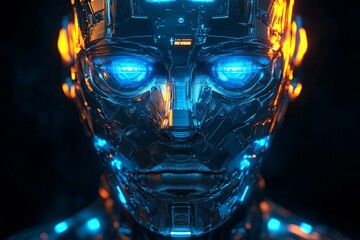 Poster - Futuristic robot with glowing blue and orange features against a dark background