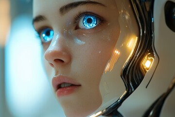 Poster - Futuristic humanoid robot with glowing blue eyes captures attention in a modern setting