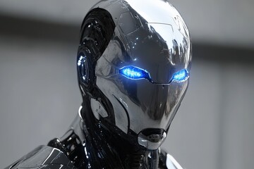 Poster - Futuristic humanoid robot with luminous blue eyes showcasing advanced technology in a modern environment