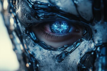 Poster - Close-up view of a sci-fi cyborg eye with intricate metallic details and glowing circuitry in a futuristic setting