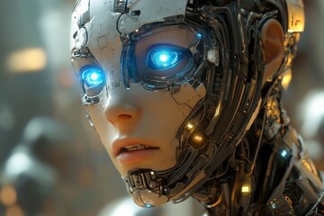 Poster - Futuristic robot with glowing blue eyes explores advanced technology in a sci-fi setting during an immersive experience