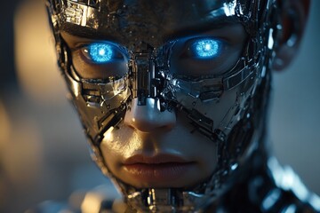 Fototapete - Futuristic robotic figure with illuminated eyes showcasing advanced technology in a dimly lit environment