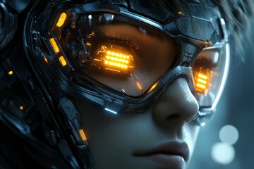 Poster - Close-up of futuristic cyborg wearing advanced goggles with glowing details, showcasing technology and innovation in a sci-fi setting