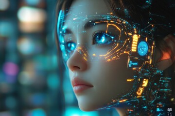 Poster - Futuristic woman with glowing facial enhancements gazes thoughtfully in a high-tech environment