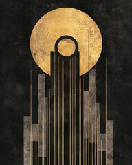 Poster - Art deco inspiration urban skyline digital artwork modern design aerial view golden aesthetics