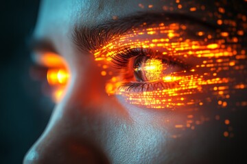 Aufkleber - Captivating close-up of a woman's eye with glowing orange light effects creating a futuristic look