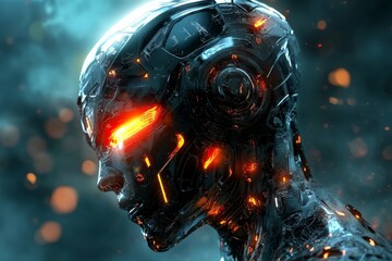 Poster - futuristic robotic head with glowing eyes showcases advanced technology and intricate design details