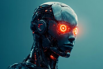 Poster - Futuristic humanoid robot with glowing eyes and intricate design stands against a minimalistic backdrop