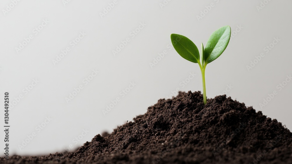 Small green seedling emerging from dark soil symbolizes new begi Stock ...
