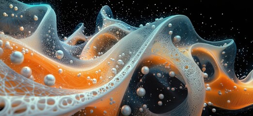 Poster - Abstract fluid waves with bubbles and intricate patterns in vibrant colors