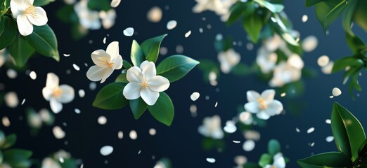 Poster - Delicate white flowers and green leaves with falling petals in serene background