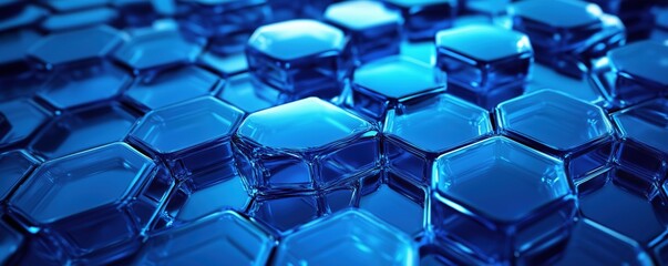 Poster - blue hexagonal glass shapes creating a textured surface with reflections and depth