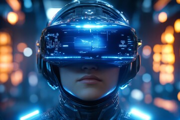 Poster - Futuristic figure wearing advanced headgear stands in a vibrant digital environment with glowing elements