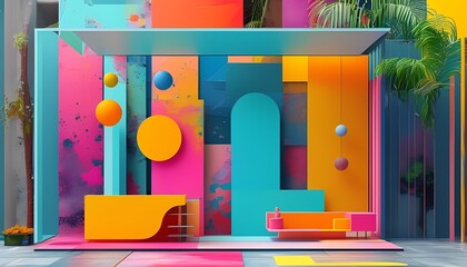 Poster - Vibrant abstract art installation urban gallery digital artwork contemporary space eye-level view colorful design concept