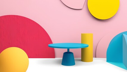 Poster - Vibrant abstract shapes and table display modern art space digital art contemporary environment artistic viewpoint creative concept