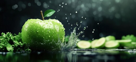 Poster - Fresh green apple splashing in water with droplets and lettuce background