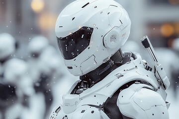 Poster - Futuristic white robot stands in snowy environment with realistic details and advanced design
